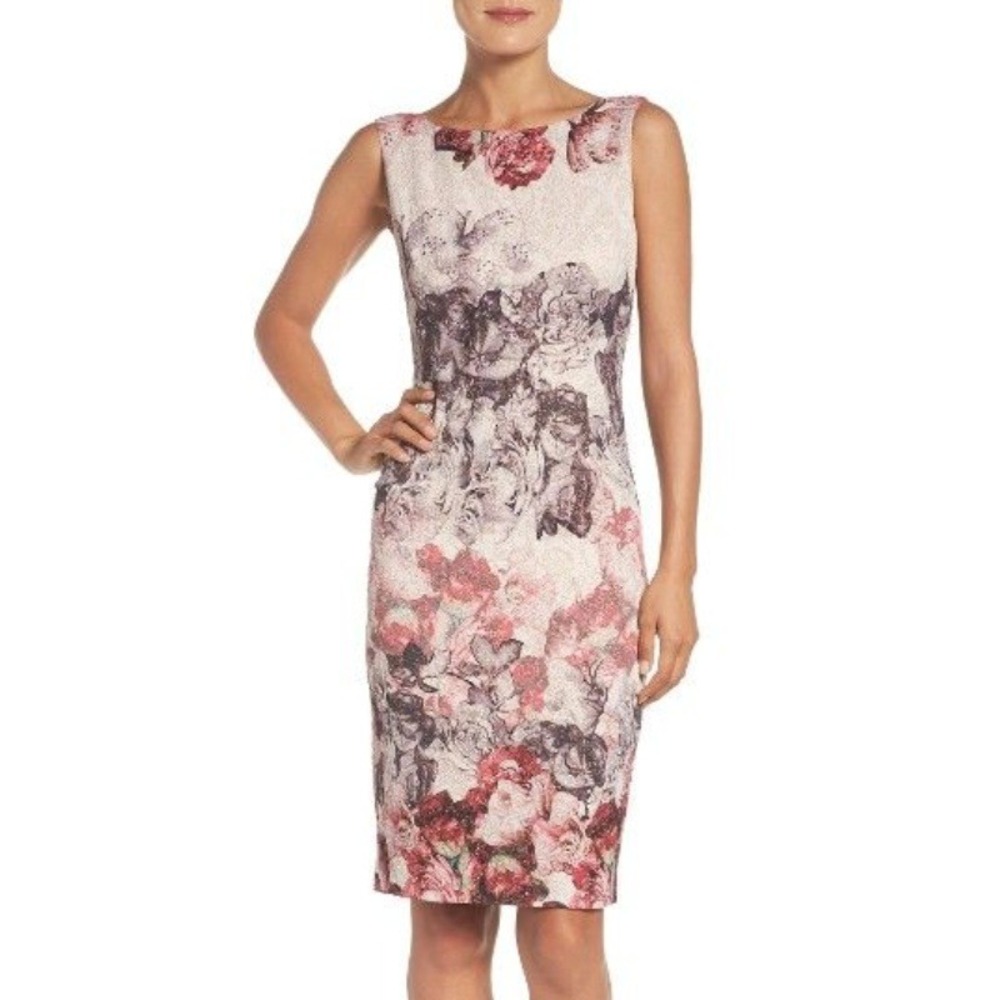 Adrianna Papell Embelished Sheath Dress Floral Jacquard Pink Size 2P Cocktail